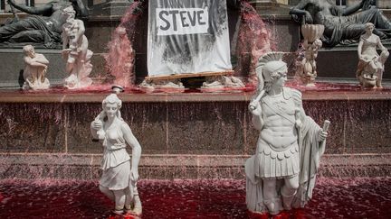 Du colorant rouge ajoutée à l'eau de la fontaine de la Place Royale à Nantes le 30 juillet 2019 après la confirmation du décès de Steve Maia Caniço dont le corps a été retrouvé lundi 29 juillet.&nbsp; (LOIC VENANCE / AFP)