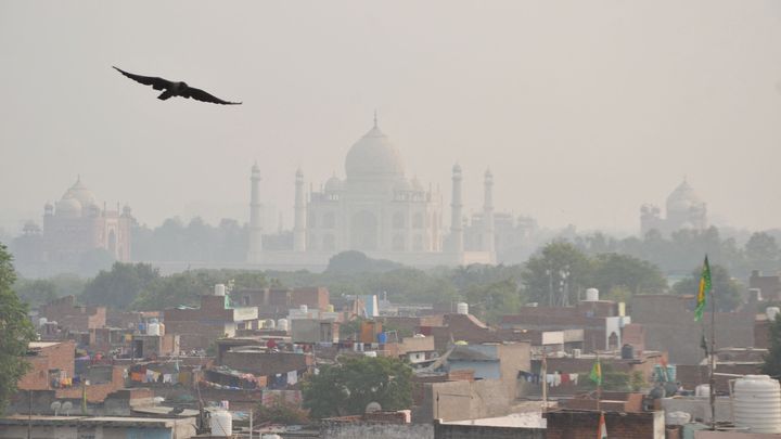 Le Taj Mahal s'est retrouvé recouvert d'un brouillard de pollution, vendredi 3 novembre 2023, à Agra (Inde). (PAWAN SHARMA / AFP)