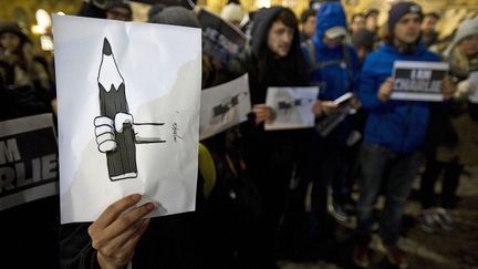 Et encore un crayon brandi, mais, cette fois, dessin&eacute; : rassemblement pour la libert&eacute; d'expression en France au&nbsp;Dam Square, &agrave; Amsterdam, aux Pays-Bas. (EVERT ELZINGA / ANP)