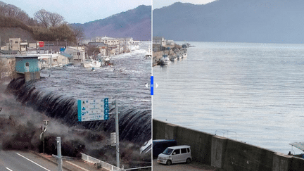 La ville de Miyako (pr&eacute;fecture d'Iwate), le 11 mars 2011 (G) puis le 16 janvier 2012 (D).&nbsp; (TORU YAMANAKA / JIJI PRESS / AFP)