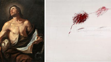 A gauche, Giacchino Assereto, "Saint Jean Baptiste", de la collection Motais de Narbonne, exposé à la Fondation Bemberg à Toulouse - A droite, Cy Twombly, "Achilles Mourning the Death of Patroclus", 1962, au Louvre-Lens dans l'exposition "Homère"
 (A gauche © Agence Photo F - A droite © Cy Twombly Foundation Photo © Centre Pompidou, MNAM-CCI, Dist. RMN-Grand Palais / Philippe Migeat)