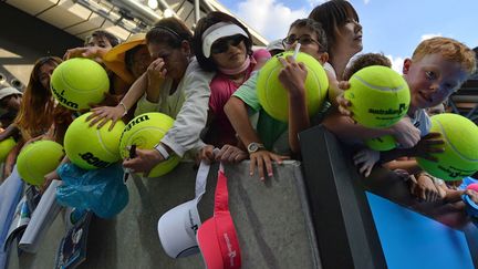 Des spectateurs se pressent &agrave; l'issue du match entre l'Argentin Juan Martin Del Potro et l'Am&eacute;ricain&nbsp;Rhyne Williams pour obtenir un autographe lors du deuxi&egrave;me tour de l'Open d'Australie de tennis &agrave; Melbourne, le 14 janvier 2014. (SAEED KHAN / AFP)