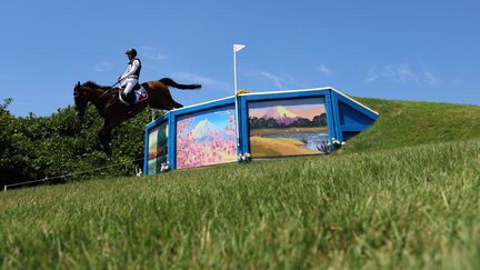 Le cavalier suisse Robin Godel sur son cheval Jet Set lors du cross country de l'épreuve du concours complet des JO de Tokyo, le 1er août 2021. Le cheval a dû être euthanasié après une mauvaise chute. (BEHROUZ MEHRI / AFP)