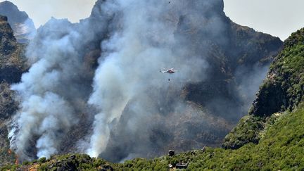 Un hélicoptère de la protection civile combat un incendie de forêt dans la montagne Pico do Arieiro, le 21 août 2024, sur l'île portugaise de Madère. (HELDER SANTOS / AFP)