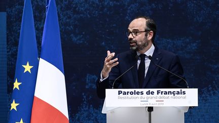 Le Premier ministre, Edouard Philippe, lors de la restitution du grand débat national, lundi 8 avril 2019 au Grand Palais, à Paris. (PHILIPPE LOPEZ / AFP)