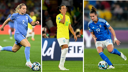 Eugénie Le Sommer, Marta et Martina Lenzini lors de la Coupe du monde 2023 de football. (AFP/MAXPPP)