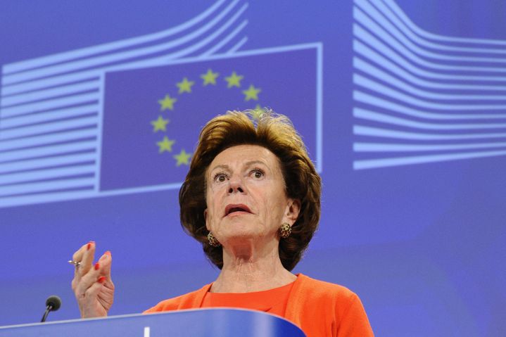 La commissaire européenne chargée de la stratégie numérique, Neelie Kroes, lors d'une conférence de presse au siège de l'UE à Bruxelles, le 30 juin 2014. (JOHN THYS / AFP)