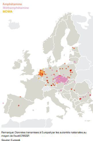 Répartition des laboratoires de production d'amphétamine en Europe (Source Europol )