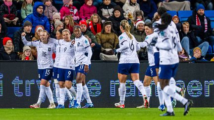 Les Françaises célèbrent l'ouverture du score contre la Norvège, le 27 octobre 2023, en Ligue des nations. (MARIUS SIMENSEN / SIPA)