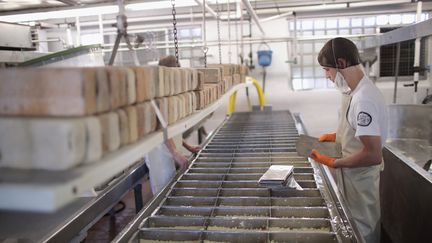 Du fromage est fabriqué à Theresa (Etats-Unis), le 27 juin 2017. (SCOTT OLSON / GETTY IMAGES NORTH AMERICA / AFP)