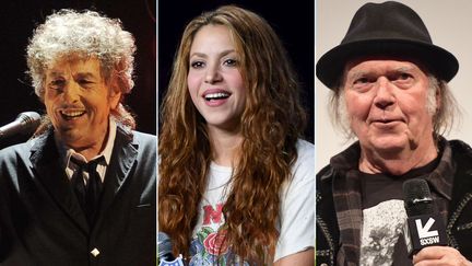 Bob Dylan, Shakira et Neil Young ont tous les trois cédé les droits de leur catalogue respectif de chansons en 2020 ou 2021. (CHRIS PIZZELO AP / SIPA - KEVIN WINTER / GETTY / AFP - MATT WINKELMEYER / GETTY / AFP)