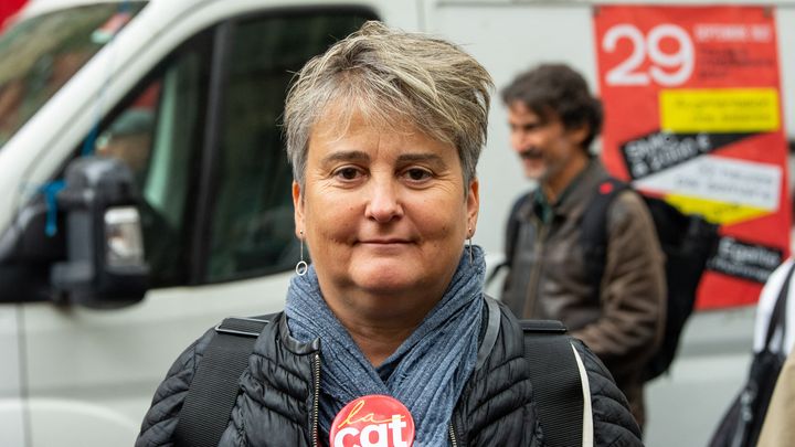 Céline Verzeletti, lors d'une journée de mobilisation pour les salaires, à Paris, le 29 septembre 2022. (RICCARDO MILANI / HANS LUCAS / AFP)