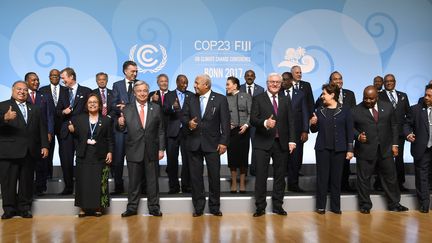 Les chefs d'Etat et de gouvernement posent pour une photo de famille à Bonn (Allemagne), à l'occasion de la COP23, mercredi 15 novembre 2017. (PATRIK STOLLARZ / AFP)