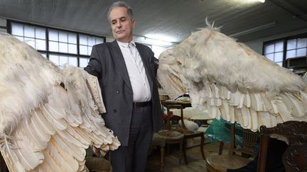 L'auteur Pierre Smolik pose avec les ailes en plumes de cygne, symbole du personnage de The Freak, en décembre 2015
 (FABRICE COFFRINI / AFP)