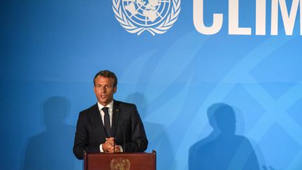 Emmanuel Macron s'exprime&nbsp;à l'ONU, le 23 septembre 2019 à New York. (STEPHANIE KEITH / GETTY IMAGES NORTH AMERICA / AFP)