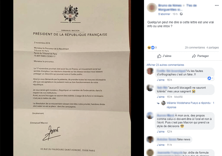 Une fausse lettre d'Emmanuel Macron, au sujet des blocages du 17 novembre, relayée par un internaute, sur Facebook. (FRANCEINFO)