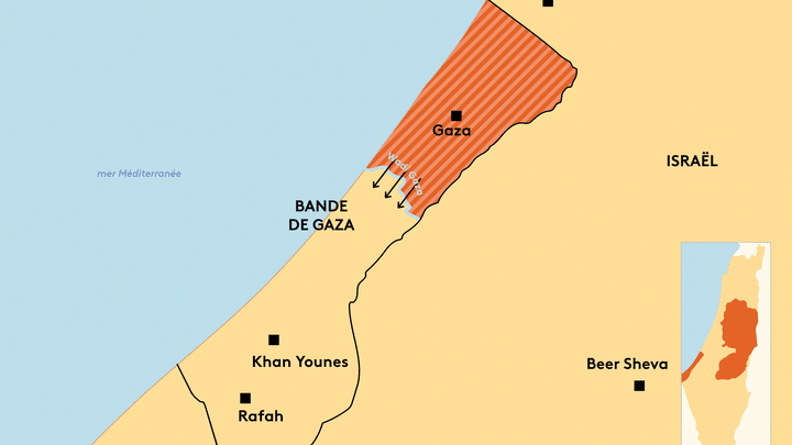 La carte montrant le plan d'évacuation de la population de Gaza, tel que voulu par l'armée israélienne, le 13 octobre 2023. (ASTRID AMADIEU / FRANCEINFO)