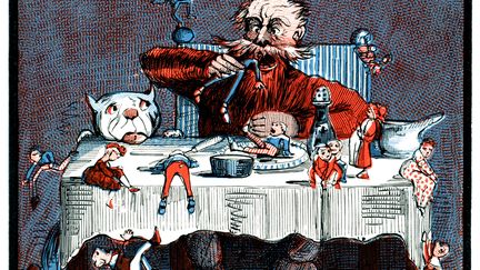 Illustration d'un géant se nourrissant d'êtres humains, son chien espère avoir quelque rebus. Gravure tirée de "Merry Conceits and Whimsical Rhymes", écrit et dessiné par Charles H.Ross.&nbsp; (WHITEMAY / DIGITAL VISION VECTORS / GETTY IMAGES)