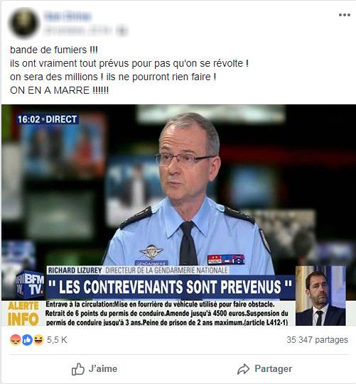 Capture d'écran d'un post Facebook accompagné d'un montage photo laissant croire à des menaces de sanctions de la part du directeur de la gendarmerie nationale. (FRANCEINFO)