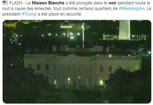 Les lumières extérieures de la Maison Blanche ont été éteintes dans la soirée du 31 mai (capture d'écran Twitter)