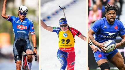 Mathieu van der Poel, Julia Simon et Jonathan Danty (de gauche à droite). (AFP)