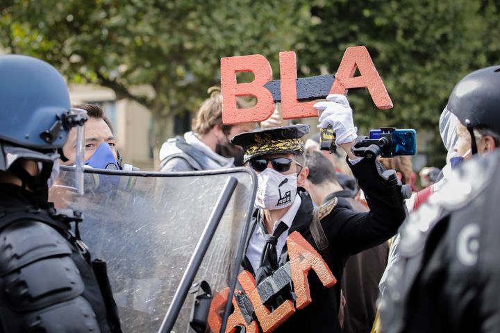 Ludovic, manifestant dans le cortège à Rouen, le 26 septembre 2020, un an après l'incendie de l'usine Lubrizol. (LOU BENOIST / AFP)