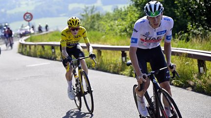 Comme lors de la 9e étape dans le puy-de-Dôme, le 9 juillet dernier, Tadej Pogacar pourrait encore attaquer le maillot jaune Jonas Vingegaard sur les pentes du Grand Colombier. (BERNARD PAPON / AFP)