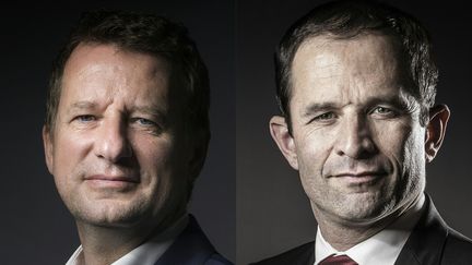 Montage d'un portrait de Yannick Jadot pris le 12 septembre 2016 et de Benoît Hamon pris le 15 décembre 2016.&nbsp; (JOEL SAGET / AFP)