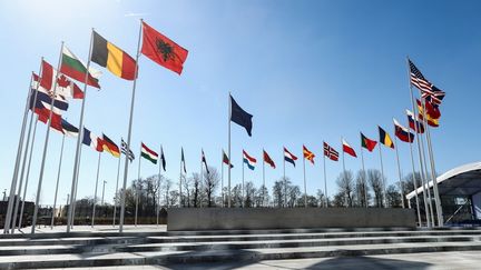 Les drapeaux des Etats membres de l'Otan, le 3 avril 2023 à Bruxelles (Belgique). (KENZO TRIBOUILLARD / AFP)