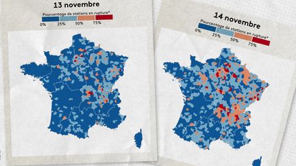 De nombreuses stations-service étaient de nouveau en pénurie de carburant lundi 14 novembre, notamment en Ile-de-France, en Auvergne-Rhône-Alpes et dans les territoires frontaliers de la région Grand Est. (ELLEN LOZON / FRANCEINFO)