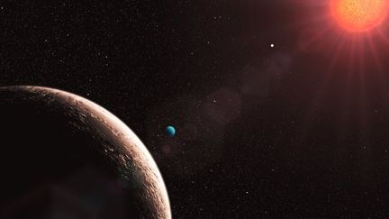 llustration de l'exoplan&egrave;te Gliese 581e (en bleu), dans le syst&egrave;me de l'&eacute;toile Gliese, situ&eacute; &agrave; trente-six ann&eacute;es-lumi&egrave;re de la Terre. (ESO / AFP)