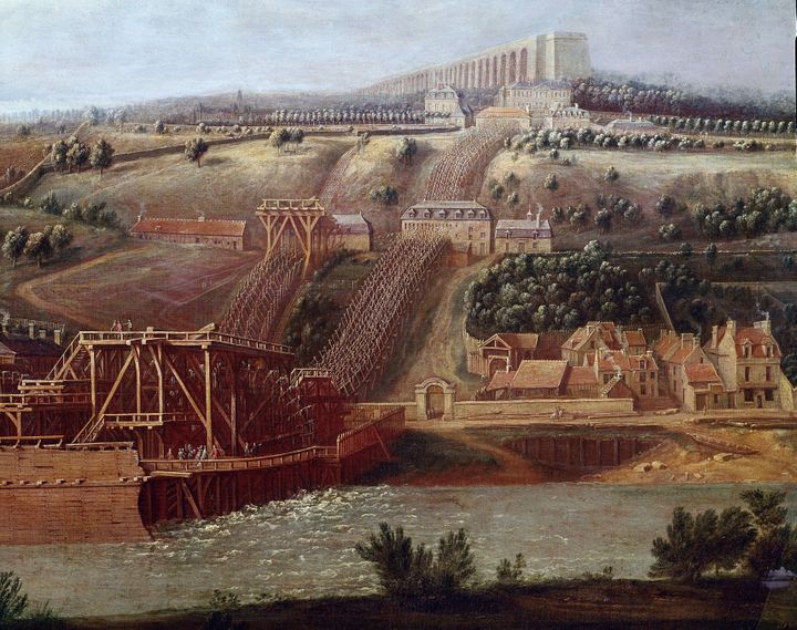 "Vue de la machine de l'aqueduc de Marly installée a Bougival". L'aqueduc de Louveciennes (ou de Marly) permettait d'alimenter Versailles et le chateau de Marly en eau. Detail. Peinture de Pierre-Denis Martin (1663-1742). (LEEMAGE VIA AFP)