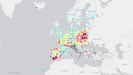 Capture d'écran de la carte de l'Agence européenne de l'environnement montrant la qualité de l'air en Europe, le 17 novembre 2017. (EUROPEAN ENVIRONMENT AGENCY)