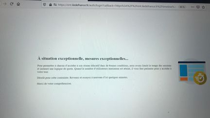 Message d'erreur diffusé lors de tentatives de connexion à la plateforme ENT Ile-de-France, le 6 avril 2021. (CAPTURE D'ÉCRAN)