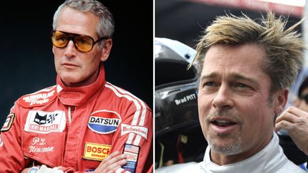 Le circuit automobile du Mans : un siècle de stars entre le grand et le petit écran.  A droite Paul Newman en juin 1979. A gauche l'acteur Brad Pitt en juin 2016. (AFP)