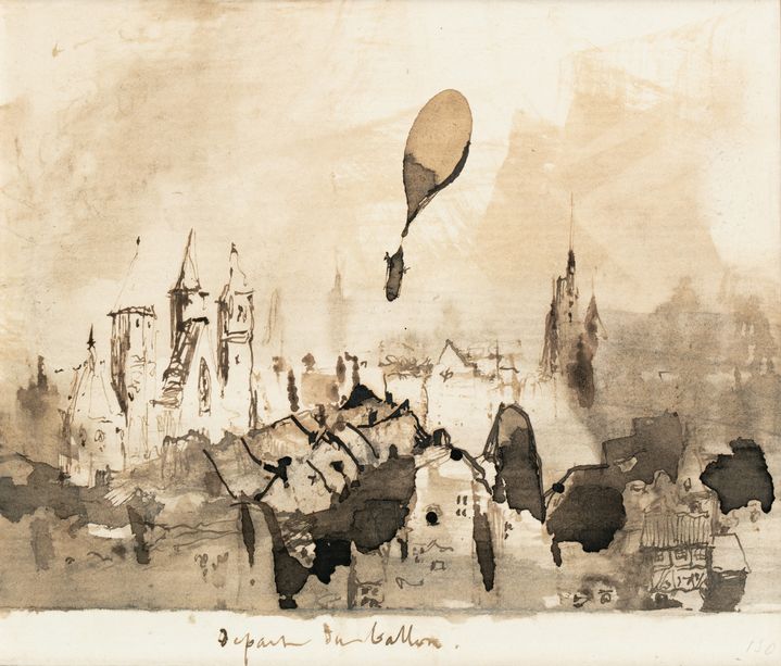 Victor Hugo, "Départ du ballon" [vers 1870].&nbsp;Dessin original, non signé, titré de la main de l’écrivain. Plume et encre brune, lavis (130 x 115 mm), contrecollé sur le passe-partout, sous verre, sous Marie-Louise dans un cadre en bois noir moderne Mis en vente par&nbsp;Sotheby’s Paris en association avec Binoche et Giquello. (Sotheby’s / ArtDigital Studio)