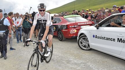 Le Britannique Christopher Froome à l'arrivée de la 17e étape du Tour de France, mercredi 25 juillet 2018 à Bagnères-de-Luchon (Hautes-Pyrénées). (YORICK JANSENS / BELGA MAG / AFP)