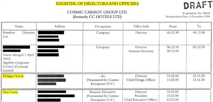 Extrait du document du 6 décembre 1999 listant les&nbsp;neuf directeurs de la société Cosmic Carrot Group Ltd. (DR)