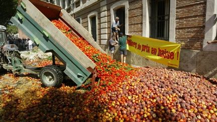 Fruits déversés devant la préfecture de Perpignan le 28 août 2004 (© AFP. R.Roig)