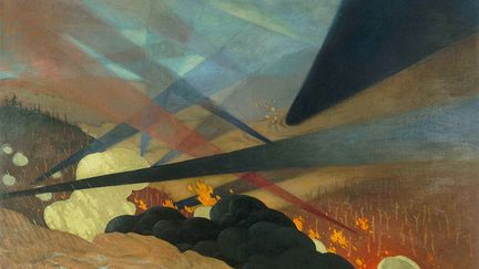 Verdun, tableau de guerre interprété, projections colorées noires bleues et rouges, terrains dévastés, nuées de gaz, 1917
 
 (Paris, musée de l’Armée.)