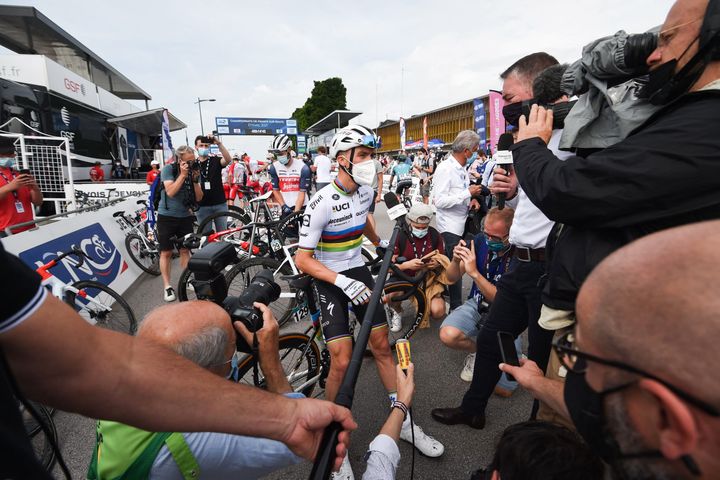 Julian Alaphilippe lors des derniers championnats de France à Epinal. (SEBASTIEN BOZON / AFP)