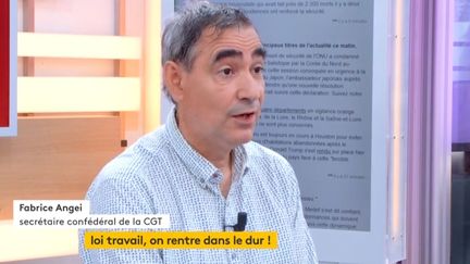 Invité de Jean-Paul Chapel dans ": L'éco", mercredi 30 août, Fabrice Angeï, secrétaire confédéral de la CGT&nbsp;est revenu sur la réforme du code du travail qui sera dévoilée jeudi 31 août.&nbsp; (FRANCEINFO)