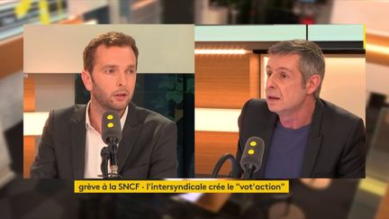 &nbsp;Nicolas Framont, sociologue et conseiller affaires sociales du groupe parlementaire France Insoumise, face à Anthony Bellanger, journaliste, chroniqueur à France Inter, invités de l'émission "Les Informés" le 10 mai 2018 sur franceinfo. (FRANCEINFO / RADIOFRANCE)