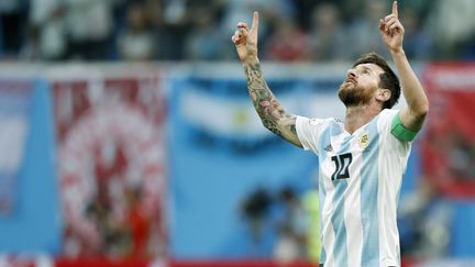 Lionel Messi célèbre son but inscrit contre le Nigeria, mardi 26 juin 2018 à Saint-Pétersbourg (Russie). (STANLEY GONTHA / PRO SHOTS / AFP)