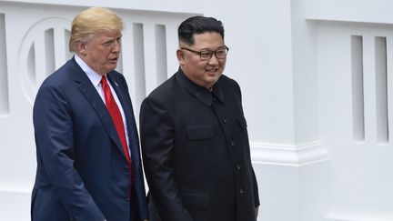 Le président américain Donald Trump et son homologue nord-coréen Kim Jong-un, lors du sommet Etats-Unis-Corée du Nord, le 12 juin 2018, à Singapour. (SUSAN WALSH / AFP)