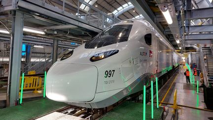 Le train d'essai du TGV-M au Technocentre d'Europe du Sud-Est de la SNCF, le 6 octobre 2023. (RAPHAEL EBENSTEIN / FRANCEINFO / RADIO FRANCE)