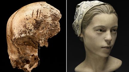 Les restes du cr&acirc;ne d'une jeune fille, habitante de la premi&egrave;re colonie britannique des Etats-Unis, et son visage probable, reconstitu&eacute; par les scientifiques, diffus&eacute;es le 1er mai 2013. (DON HURLBERT / SMITHSONIAN / AFP)