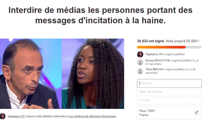 Capture d'écran de la pétition appelant à "interdire de médias" Eric Zemmour sur le site change.org, le 21 septembre 2018, et lancée par la chroniqueuse Hapsatou Sy.&nbsp; (FRANCEINFO)