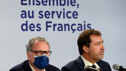 Le président de l'Assemblée nationale Richard Ferrand et le patron des députés LREM Christophe Castaner, le 6 septembre 2021. (JEAN-FRANCOIS MONIER / AFP)