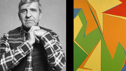 Portrait de Fernand Leduc par le photographe Richard-Max Tremblay, 1987, à côté de sa toile "Jaune", 1962, MNBAQ, promesse de don de l'artiste. Photo MNBAQ, Denis Legendre
 (A gauche, photo Richard-Max Tremblay - A droite © Fernand Leduc / SODRAC (2013))